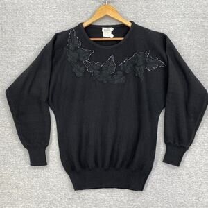 Vintage TanJay Sweater Womens Medium Black Embellished Beaded Knit Pullover